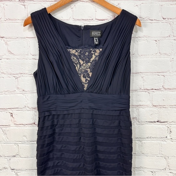 Adrianna Papell women’s navy blue formal gown maxi dress size 12 ribbed lace - Picture 3 of 16